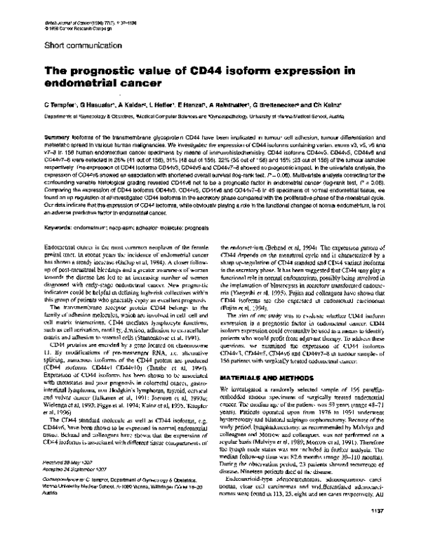 (PDF) The prognostic value of CD44 isoform expression in endometrial cancer