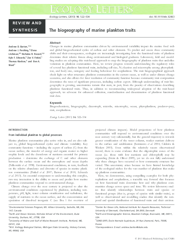 (PDF) The biogeography of marine plankton traits