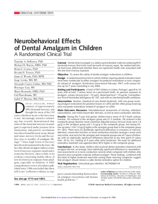 (PDF) Neurobehavioral Effects of Dental Amalgam in Children James Woods Academia.edu