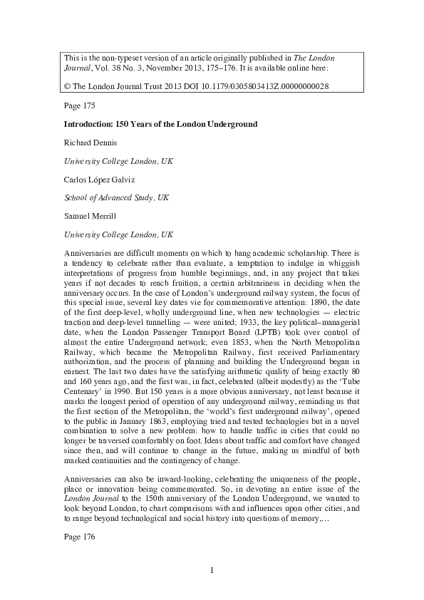 (PDF) Introduction: 150 Years of the London Underground [Post-embargo ...