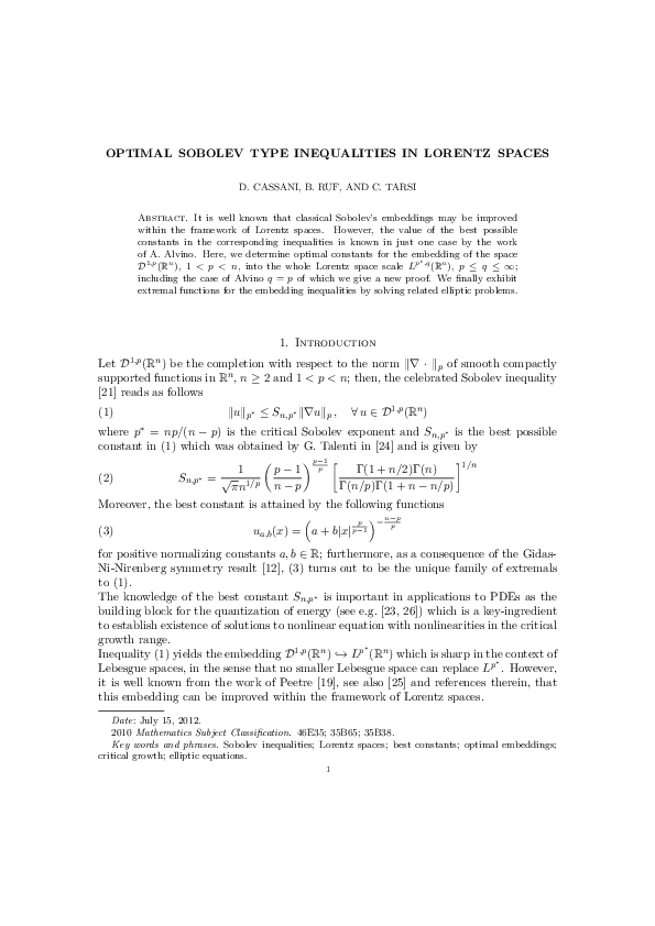 (PDF) Optimal Sobolev Type Inequalities in Lorentz Spaces