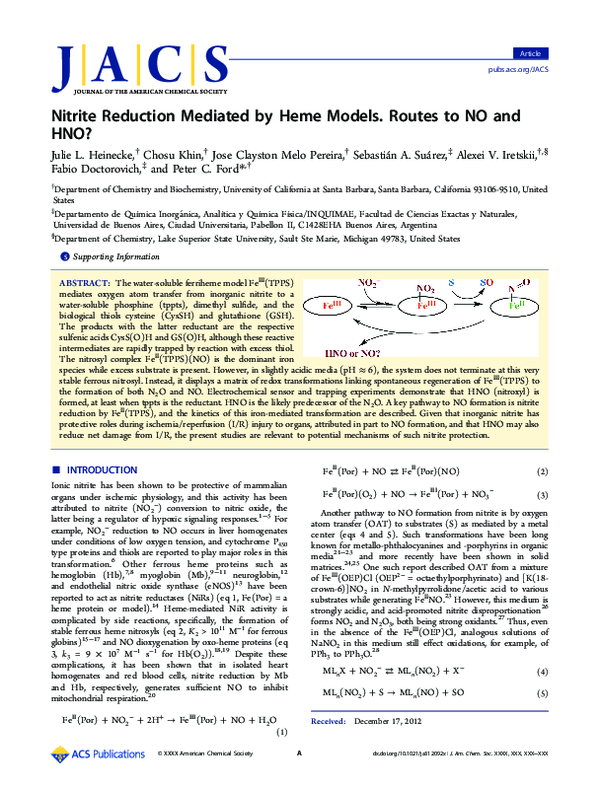 (PDF) Nitrite Reduction Mediated by Heme Models. Routes to NO and HNO?