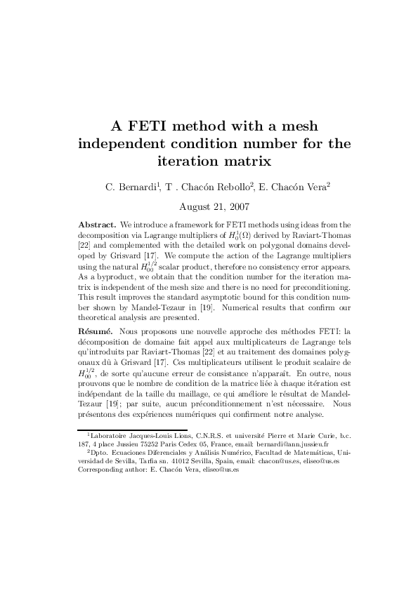 (PDF) A FETI method with a mesh independent condition number for the ...