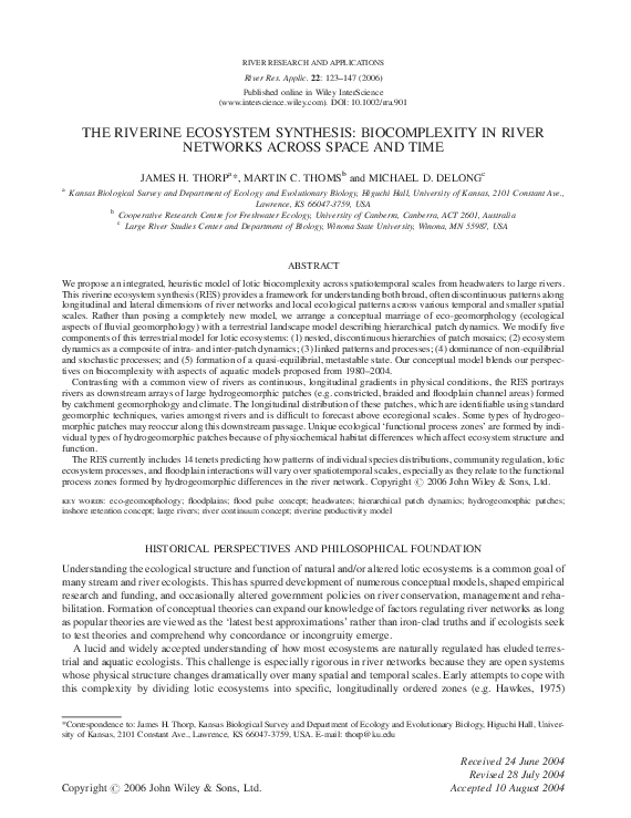 The Riverine Ecosystem Synthesis Toward Conceptual Cohesiveness in River Science
