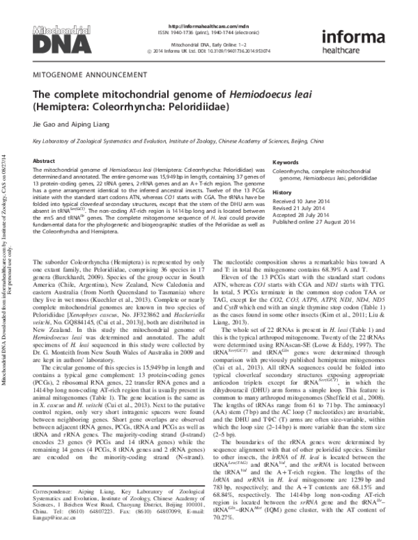 (PDF) The complete mitochondrial genome of Hemiodoecus leai (Hemiptera ...