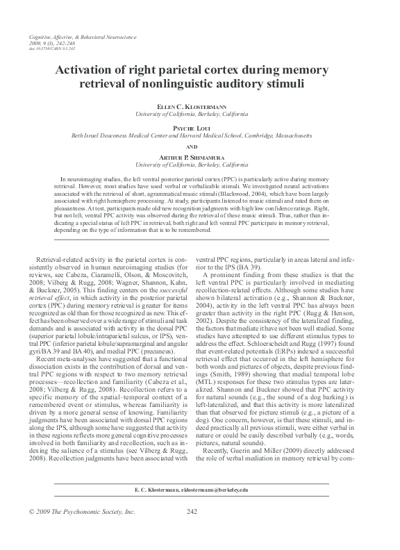 (PDF) Activation of right parietal cortex during memory retrieval of ...