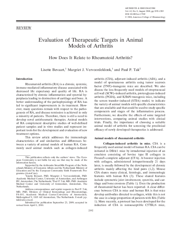 (PDF) Evaluation of therapeutic targets in animal models of arthritis ...