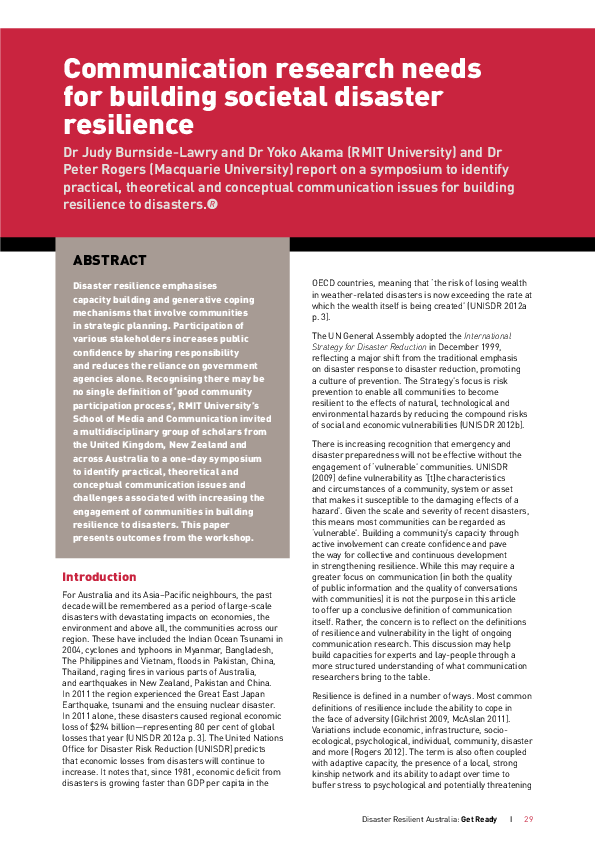 (PDF) Communication research needs for building societal disaster ...