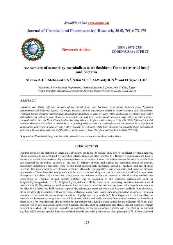 (PDF) Assessment of secondary metabolites as antioxidants from ...