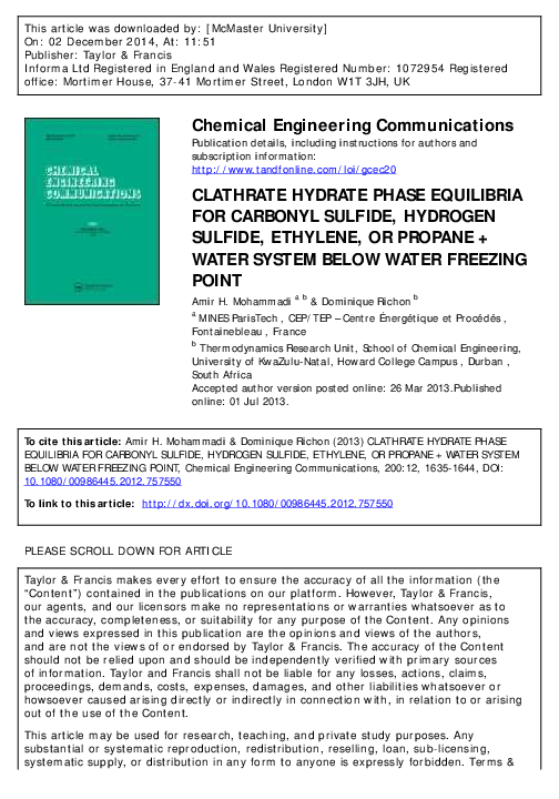 (PDF) CLATHRATE HYDRATE PHASE EQUILIBRIA FOR CARBONYL SULFIDE, HYDROGEN