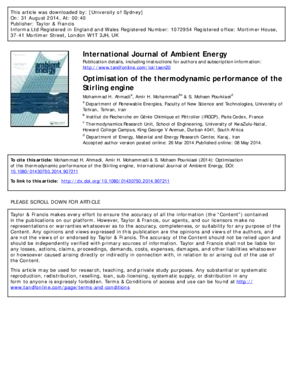 (PDF) Optimization of thermodynamic performance of stirling engine