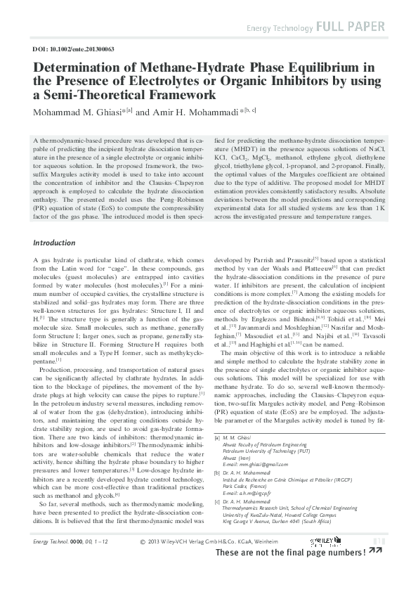(PDF) Determination of Methane-Hydrate Phase Equilibrium in the ...