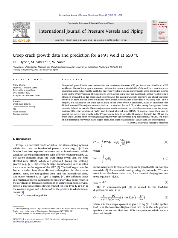 (PDF) Creep crack growth data and prediction for a P91 weld at 650 °C