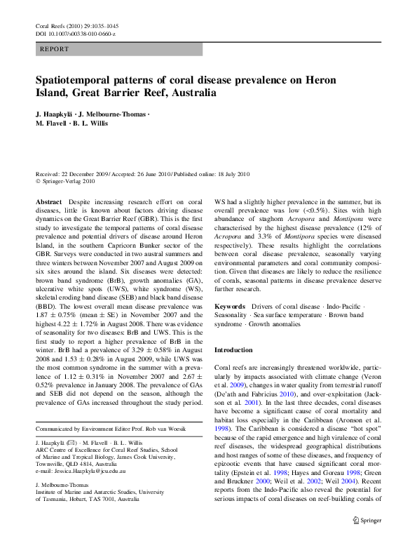 (PDF) Spatiotemporal patterns of coral disease prevalence on Heron ...