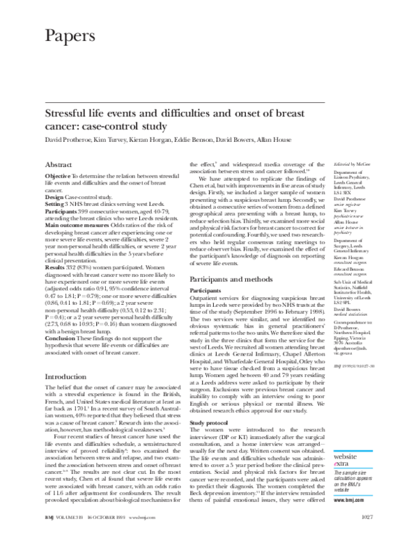 (PDF) Stressful life events and difficulties and onset of breast cancer ...