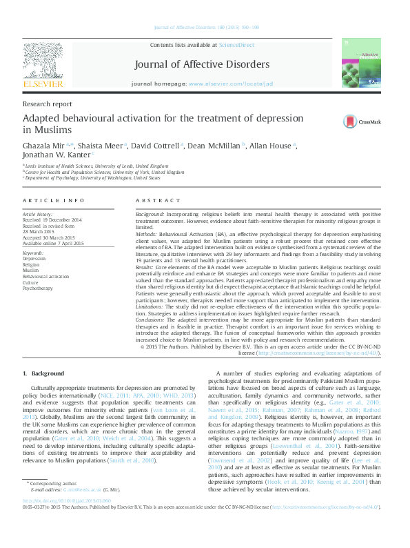 (PDF) Adapted Behavioural Activation for the Treatment of Depression in ...