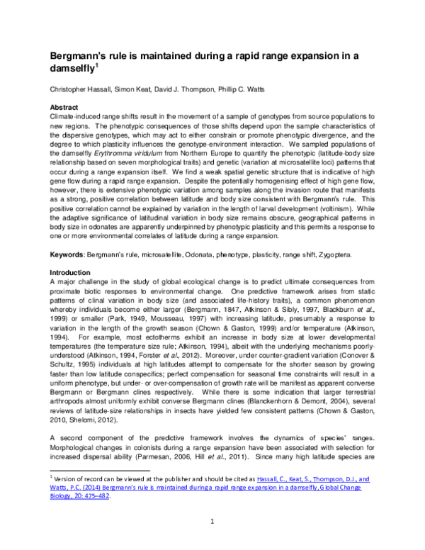 (PDF) Bergmann's rule is maintained during a rapid range expansion in a ...