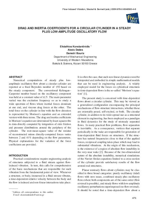 (PDF) DRAG AND INERTIA COEFFICIENTS FOR A CIRCULAR CYLINDER IN A STEADY ...