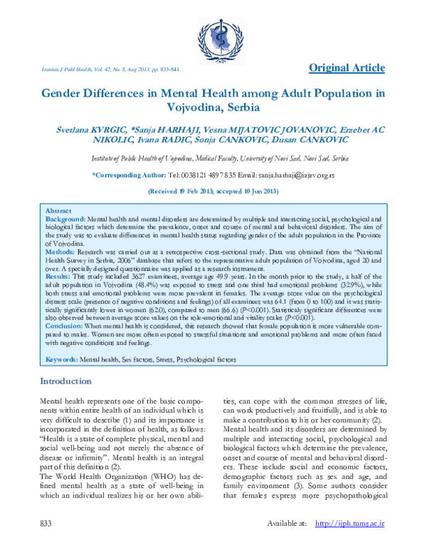 (PDF) Gender Differences in Mental Health among Adult Population in ...