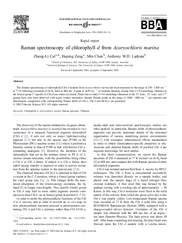 (PDF) Raman spectroscopy of chlorophyll d from Acaryochloris marina