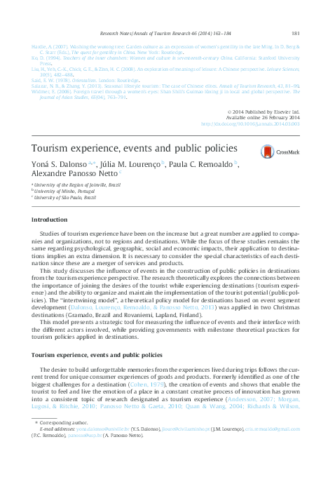 Pdf Tourism Experience Events And Public Policies