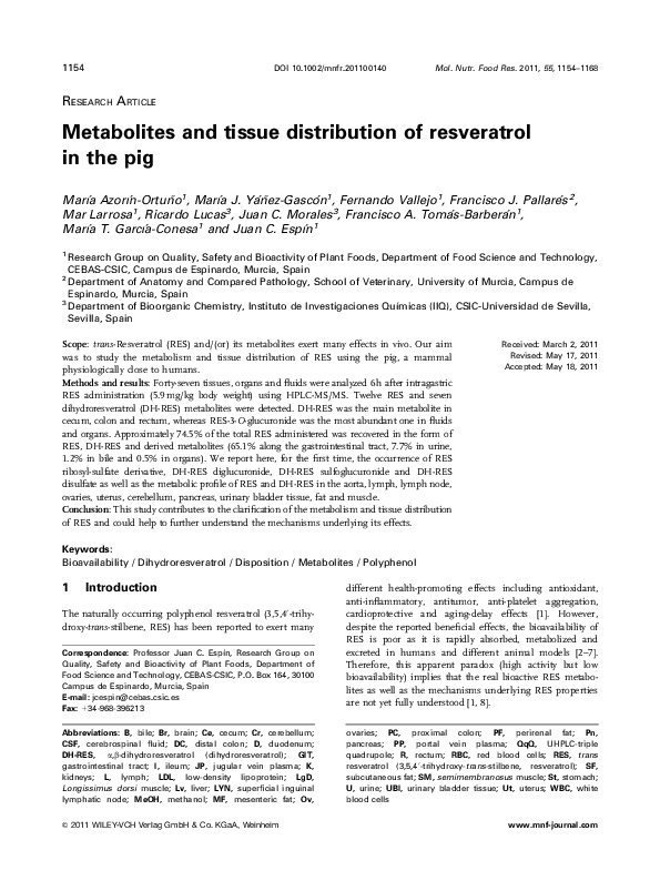 (PDF) Metabolites and tissue distribution of resveratrol in the pig