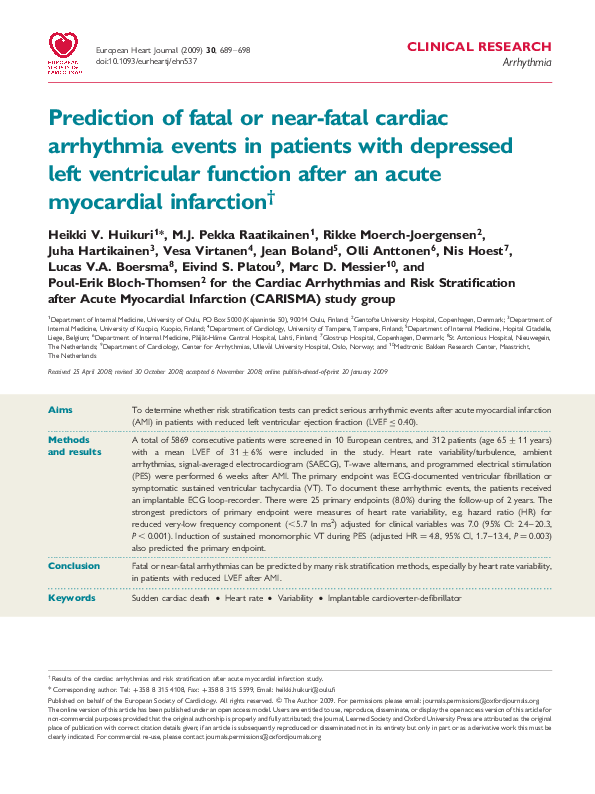 (PDF) Prediction of fatal or near-fatal cardiac arrhythmia events in