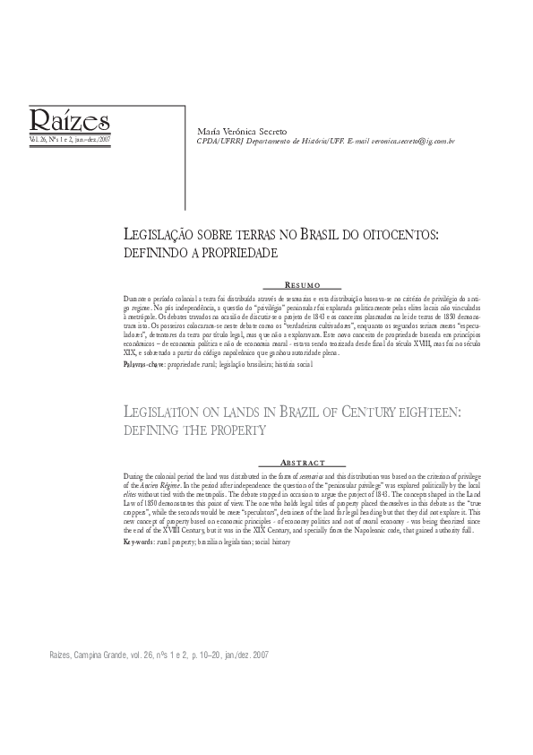(PDF) LEGISLATION IN BRAZIL LAND OF THE EIGHT HUNDRED: DEFINING PROPERTY