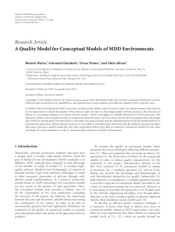 (PDF) Quality Model for Conceptual Models of MDD Environments