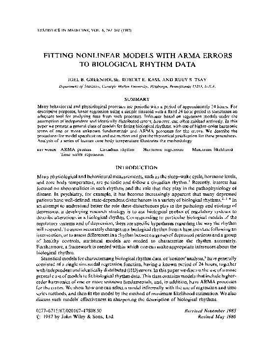 (PDF) Fitting nonlinear models with ARMA errors to biological rhythm data