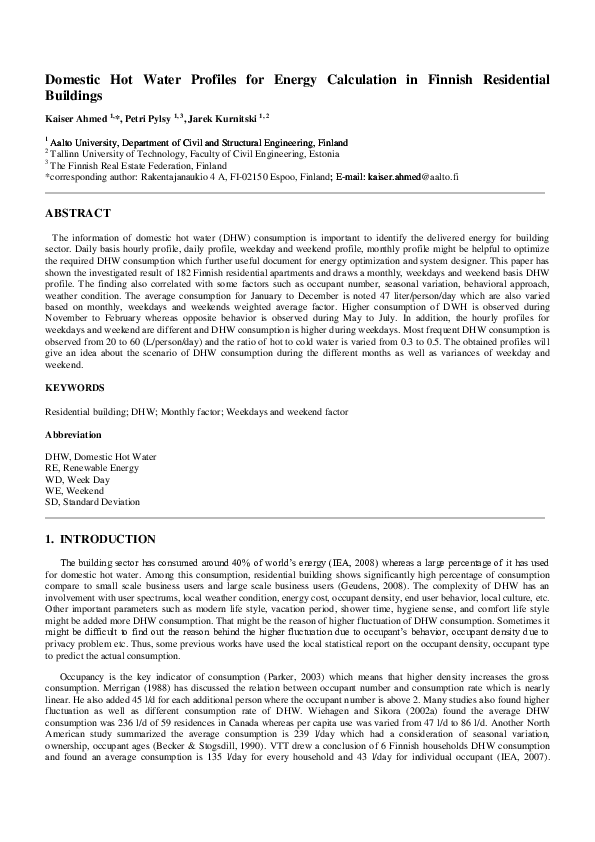 (PDF) Domestic Hot Water Profiles for Energy Calculation in Finnish ...