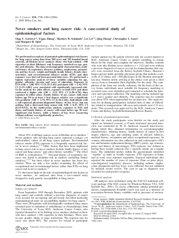 (PDF) Never smokers and lung cancer risk A casecontrol study of