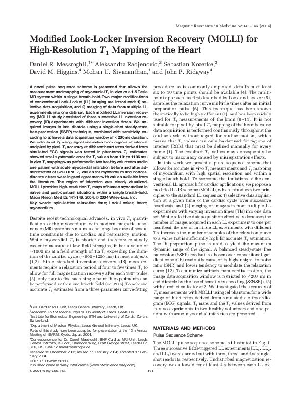 (PDF) Modified Look-Locker inversion recovery (MOLLI) for high ...
