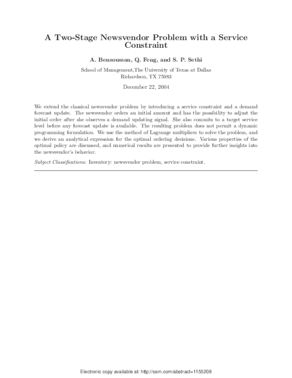 (PDF) A Two-Stage Newsvendor Problem with a Service Constraint