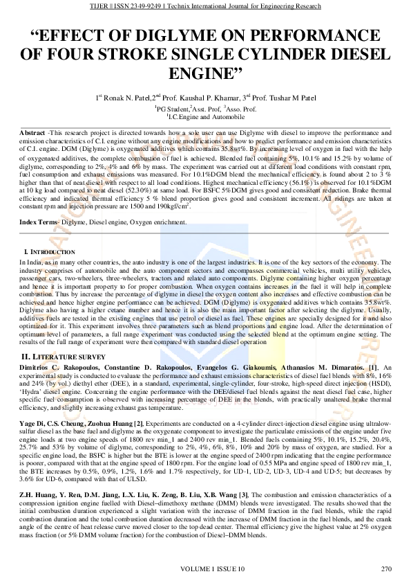 (PDF) EFFECT OF DIGLYME ON PERFORMANCE OF FOUR STROKE SINGLE CYLINDER ...