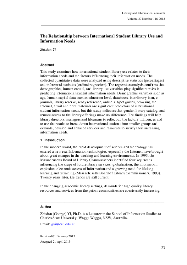 (PDF) The relationship between international student library use and ...