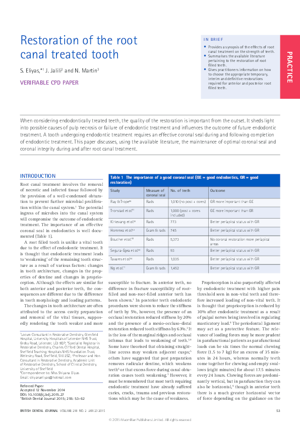 (PDF) Restoration of the root canal treated tooth