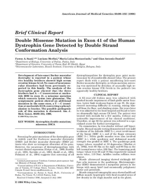 (PDF) Double missense mutation in exon 41 of the human dystrophin gene ...