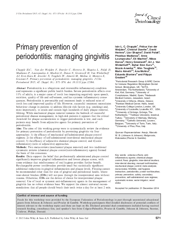 (PDF) Primary prevention of periodontitis managing gingivitis Iain