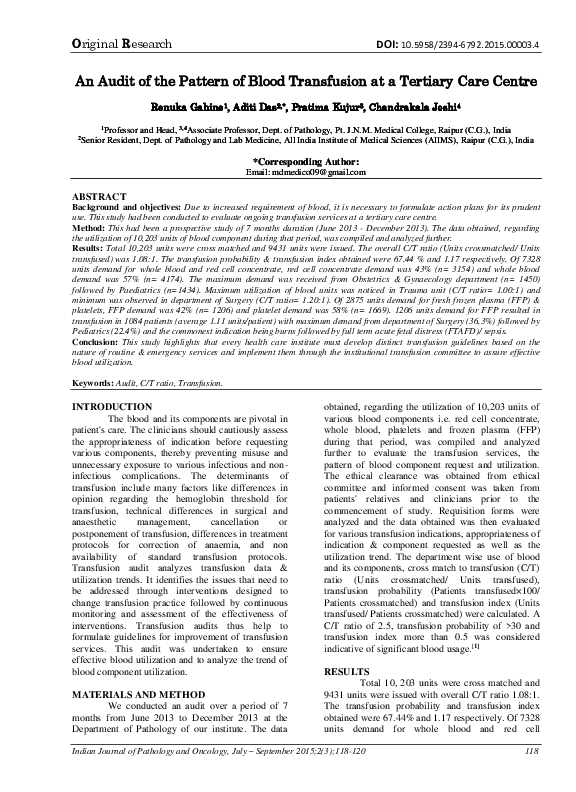 (PDF) An Audit of the Pattern of Blood Transfusion at a Tertiary Care ...