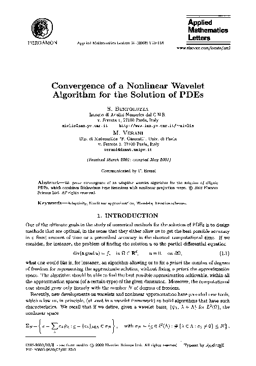 (PDF) Convergence of a nonlinear wavelet algorithm for the solution of PDEs