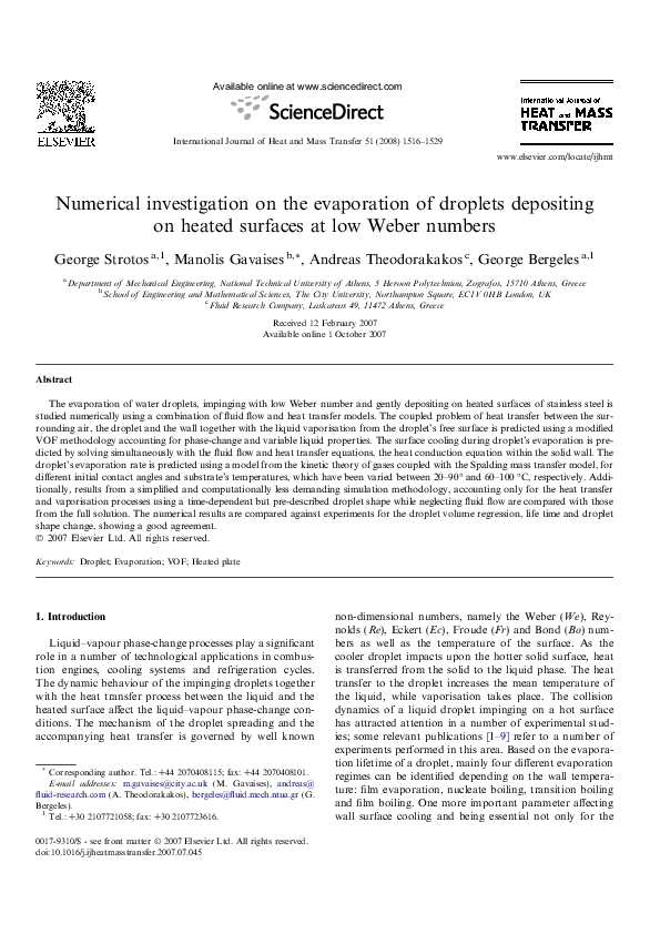 (PDF) Numerical investigation on the evaporation of droplets depositing ...