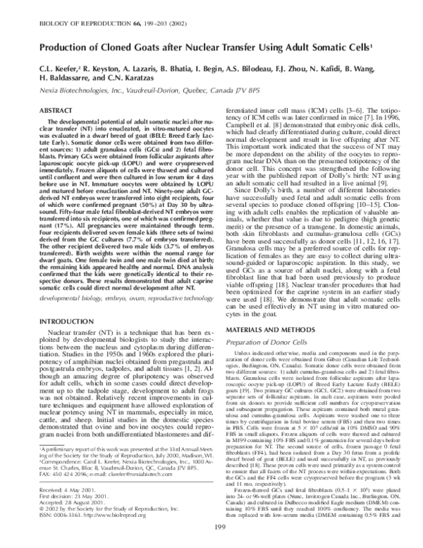(PDF) Production of Cloned Goats after Nuclear Transfer Using Adult ...