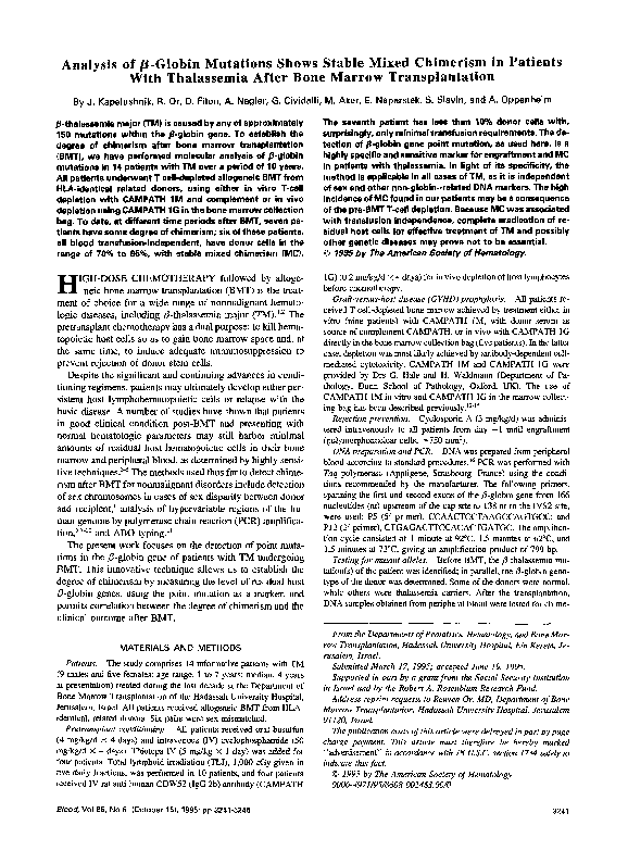 (PDF) Analysis of beta-globin mutations shows stable mixed chimerism in ...