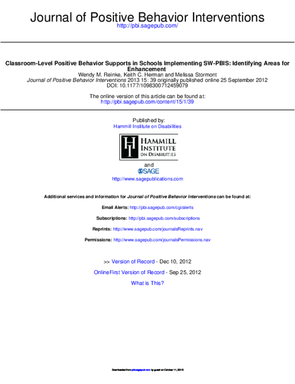 (PDF) Classroom-Level Positive Behavior Supports in Schools ...