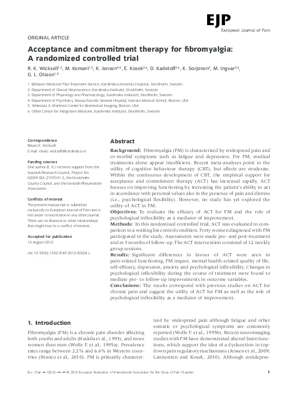 (PDF) Acceptance and commitment therapy for fibromyalgia: A randomized ...
