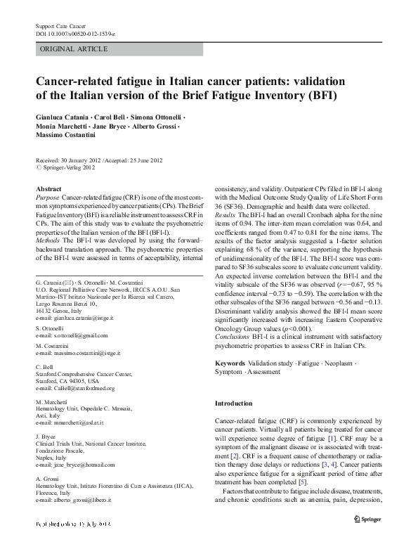 (PDF) Cancer-related fatigue in Italian cancer patients: validation of ...