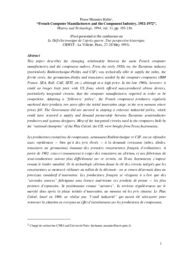 (PDF) French computer manufacturers and the component industry, 1952-1972
