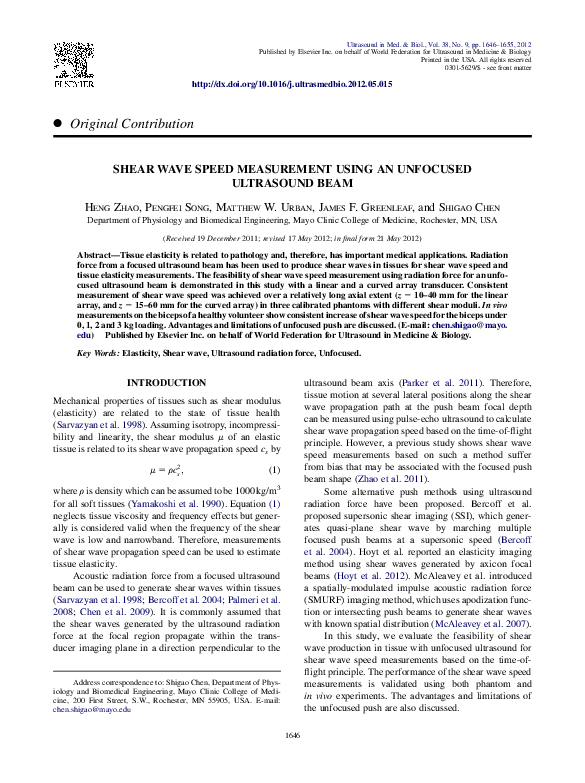 (PDF) Shear Wave Speed Measurement Using an Unfocused Ultrasound Beam