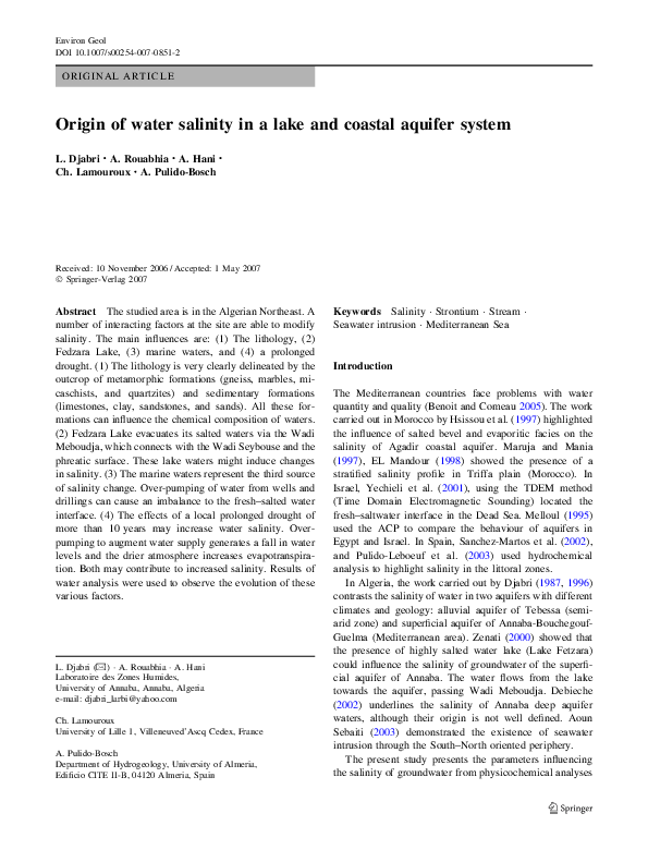 (PDF) Origin of water salinity in a lake and coastal aquifer system